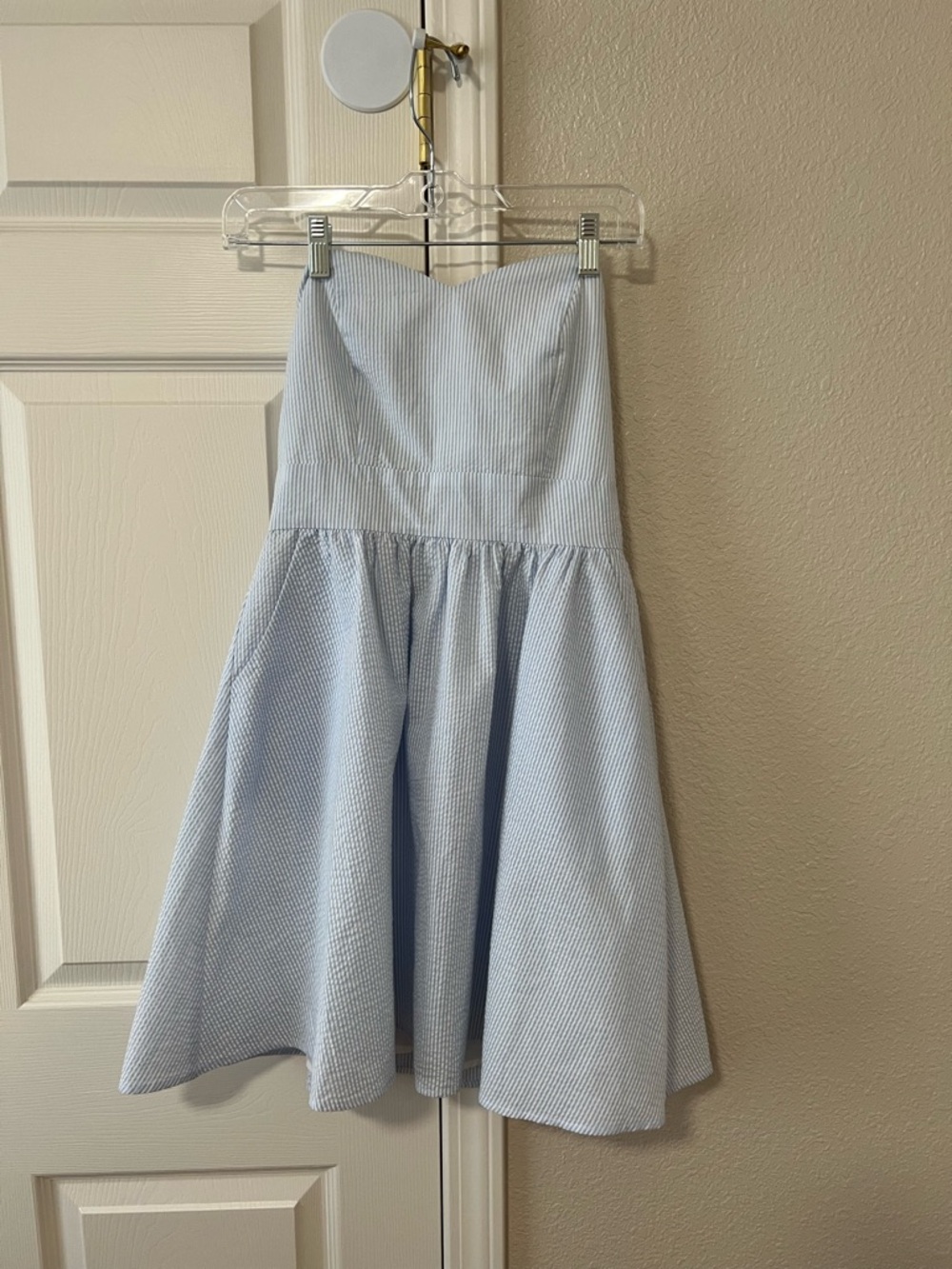 Lauren James Seersucker Strapless Mini Dress Blue White Striped Fit Flare Small